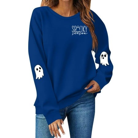 Lumtrix Halloween Sweatshirts for Women Ghost Graphic Sweatshirt Long Sleeve Crew Neck Pullover Fall Lightweight Cute Tops Fashion 2026 Dark Blue S