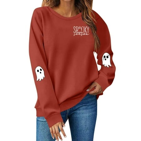 Inglocry Sweatshirt for Women Halloween Ghost Graphic Sweatshirts Long Sleeve Crew Neck Pullover Fall Lightweight Cute Pullover 2026 Saffron M