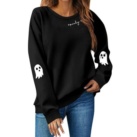 Inglocry Halloween Sweatshirts for Women Funny Cute Ghost Pumpkin Graphic Long Sleeve Crewneck Casual Sweaters Fashion Clothes 2026 Black L