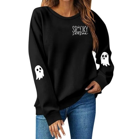 Lumtrix Halloween Sweatshirts for Women Ghost Graphic Sweatshirt Long Sleeve Crew Neck Pullover Fall Lightweight Cute Tops Fashion 2026 Black S
