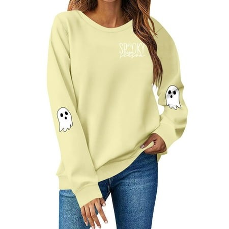 Lumtrix Halloween Sweatshirts for Women Ghost Graphic Sweatshirt Long Sleeve Crew Neck Pullover Fall Lightweight Cute Tops Fashion 2026 Yellow XL