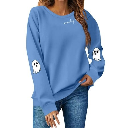Inglocry Halloween Sweatshirts for Women Funny Cute Ghost Pumpkin Graphic Long Sleeve Crewneck Casual Sweaters Fashion Clothes 2026 Blue XL
