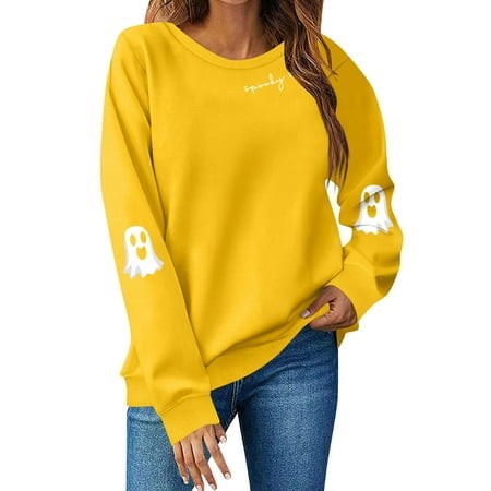 Lumtrix Halloween Sweatshirts for Women Ghost Graphic Sweatshirt Long Sleeve Crew Neck Pullover Fall Lightweight Cute Top 2026 Orange XL