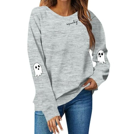 Inglocry Halloween Sweatshirts for Women Funny Cute Ghost Pumpkin Graphic Long Sleeve Crewneck Casual Sweaters Fashion Clothes 2026 Gray L