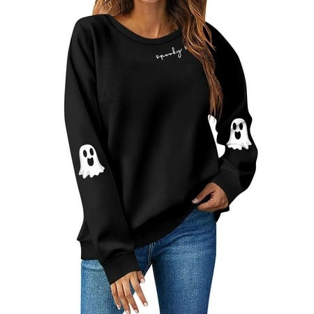 Lumtrix Halloween Sweatshirts for Women Ghost Graphic Sweatshirt Long Sleeve Crew Neck Pullover Fall Lightweight Cute Top 2026 Black M