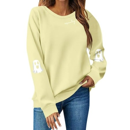 Lumtrix Halloween Sweatshirts for Women Ghost Graphic Sweatshirt Long Sleeve Crew Neck Pullover Fall Lightweight Cute Top 2026 Yellow S