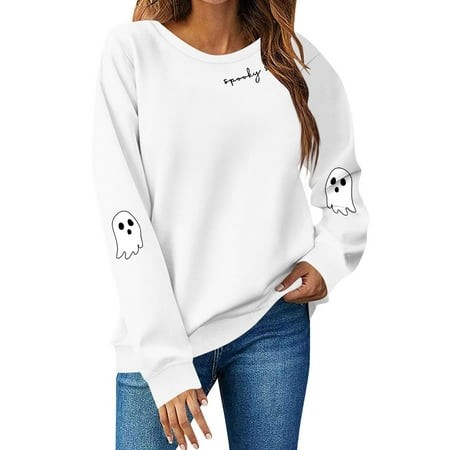 Inglocry Halloween Sweatshirts for Women Funny Cute Ghost Pumpkin Graphic Long Sleeve Crewneck Casual Sweaters Fashion Clothes 2026 White S