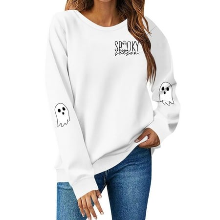 Inglocry Sweatshirt for Women Halloween Ghost Graphic Sweatshirts Long Sleeve Crew Neck Pullover Fall Lightweight Cute Pullover 2026 White M
