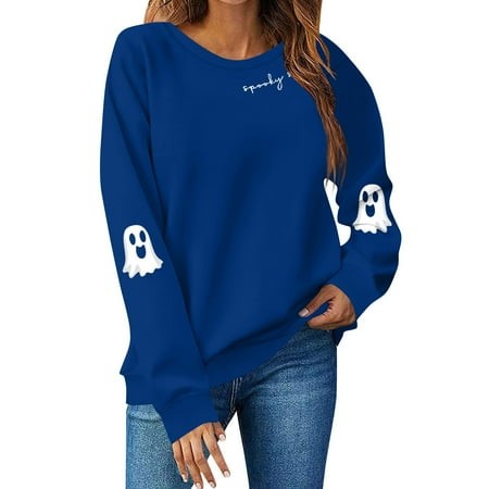 Lumtrix Halloween Sweatshirts for Women Ghost Graphic Sweatshirt Long Sleeve Crew Neck Pullover Fall Lightweight Cute Top 2026 Dark Blue S