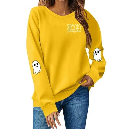 Lumtrix Halloween Sweatshirts for Women Ghost Graphic Sweatshirt Long Sleeve Crew Neck Pullover Fall Lightweight Cute Tops Fashion 2026 Orange XL
