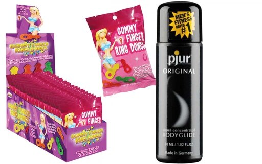 Gummy Finger Ring Dongs 8/Bag(12/DP) and PJUR Body Glide (30ml Travel Size)