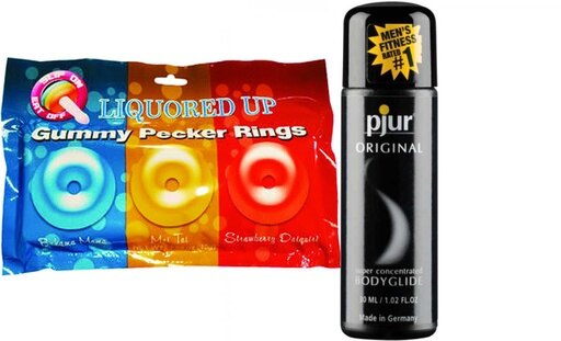 Liquored up Pecker Gummy Rings-3pk and PJUR Body Glide (30ml Travel Size)