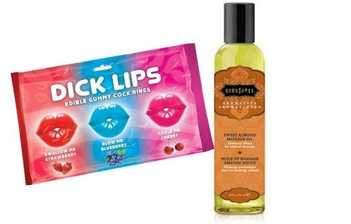 Dick Lips Gummy Cock Rings 3pk and Kama Sutra Massage Oil (8oz Sweet Almond)