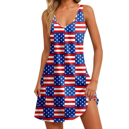 Xyxonk 4th of July Summer Dresses for Women 2025 Plus Size Knee Length 4th of July Dresses Cute V-Neck Sleeveless Tank Dress Stars and Stripes Casual 
