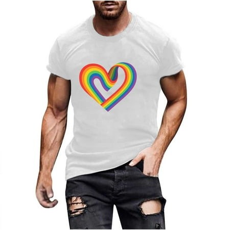 Daqian Men S Rainbow Heart Print Short Sleeve T-Shirt - Colorful Love Design Casual Graphic Tee White L