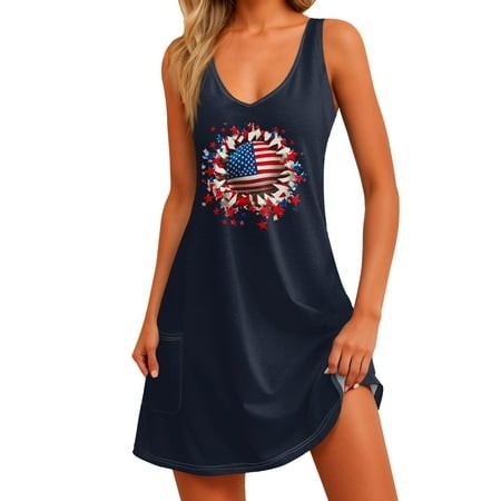 Xyxonk Independence Day Sundresses for Women Loose Knee Length 4th of July Dresses Trendy V Neck Sleeveless Tank Dress Stars and Stripes Casual Cover 