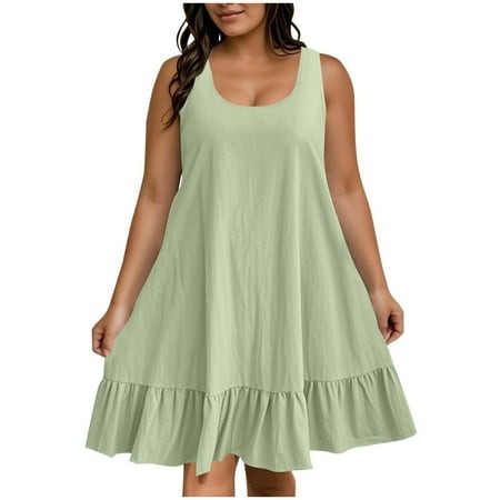 Mint Lime Green Dresses for Ladies Fall Summer Sleeveless Boat Neck Spandex MIDI Knee Length Oversized Thin Pleated Cami Tank Basic Dresses Juniors 20