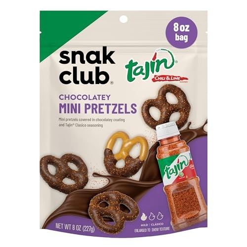 Snak Club Tajin Chocolatey Mini Pretzels, Chocolate Covered Pretzels with Chili and Lime Seasoning, Mild, No Artificial Colors, 8 Oz Resealable Bag