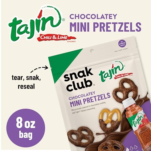 Snak Club Tajin Chocolatey Mini Pretzels, Chocolate Covered Pretzels with Chili and Lime Seasoning, Mild, No Artificial Colors, 8 Oz Resealable Bag thumbnail