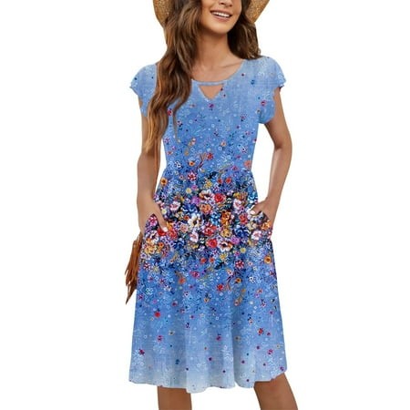 Mlqidk Summer Dresses for Women 2025 V Neck Ruffle Casual Plus Size MIDI Dress Ruffled Sleeve Elastic Waist Flowy Floral Sundress Wedding Guest Beach 