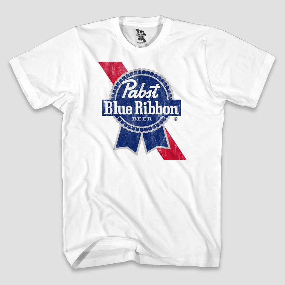 Men's Pabst Blue Ribbon Logo Short Sleeve Graphic T-Shirt - White L, Blue/White