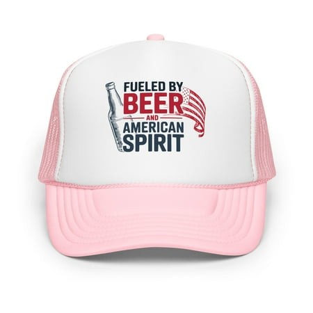 4th of July Foam Trucker Hat – Fueled by Beer and American Spirit (Light Pink / White / Light Pink)
