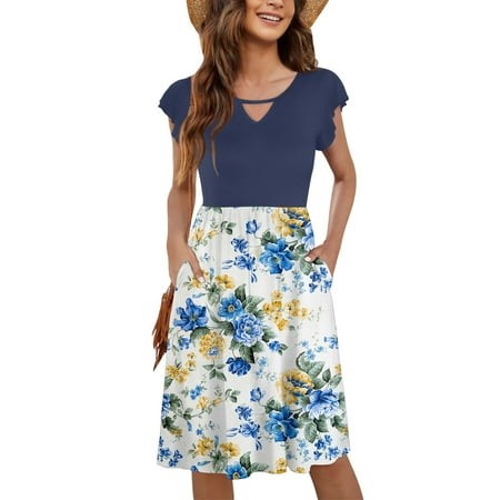 Mlqidk Summer Dresses for Women 2025 Flowy Floral V Neck a Line MIDI Dresses Casual Loose Ruffled Sleeve Elastic Waist Sundresses Wedding Guest Beach 