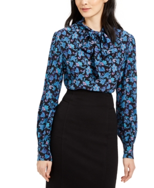 Nanette Lepore Women's Blouse Blue Size 12 Floral Print Tie Neck Silk 7209-0492-P - 12