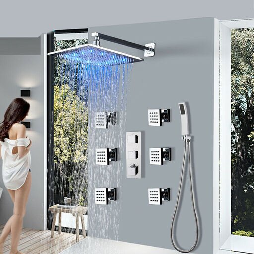 Thermostatic Shower Faucet Set 8 Inch LED Rain Massage Body Jet Sprayer Chrome