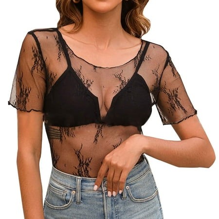 YunLCZ Women S Button Down Shirts Lace Long Sleeve Top for Women Mesh Layering Top Mock Neck Floral See Through Tops Spring Summer Outfits 2723