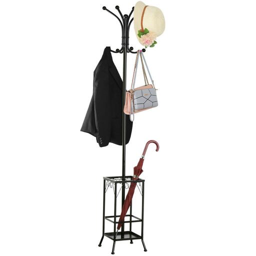 Hall Tree Metal Coat Rack Umbrella Holder Hat Hooks Clothes Storage Stand Hanger