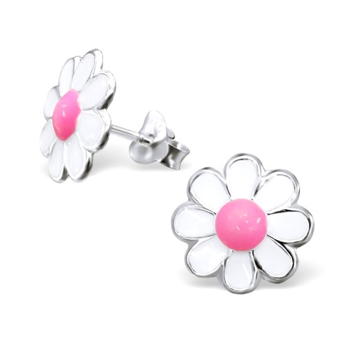 Sterling Silver Chamomille Stud Earrings with White and Pink Colored Enamel