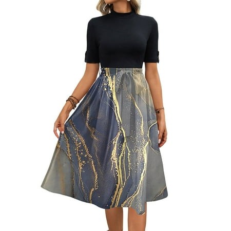 Mlqidk Summer Dresses for Women 2025 Casual Floral Print MIDI Dresses Elegant Short Sleeve Beach Dresses Boho Crew Neck Dresses