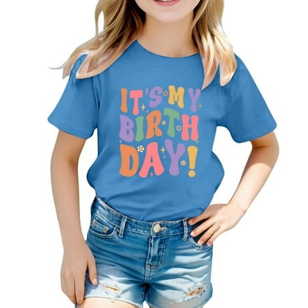 Girls Tees Shirts for Birthday Girl Themed Printed Party for Toddlers T Shirt Cozy Casual Tees Tops Blue 140(8-9 Years)