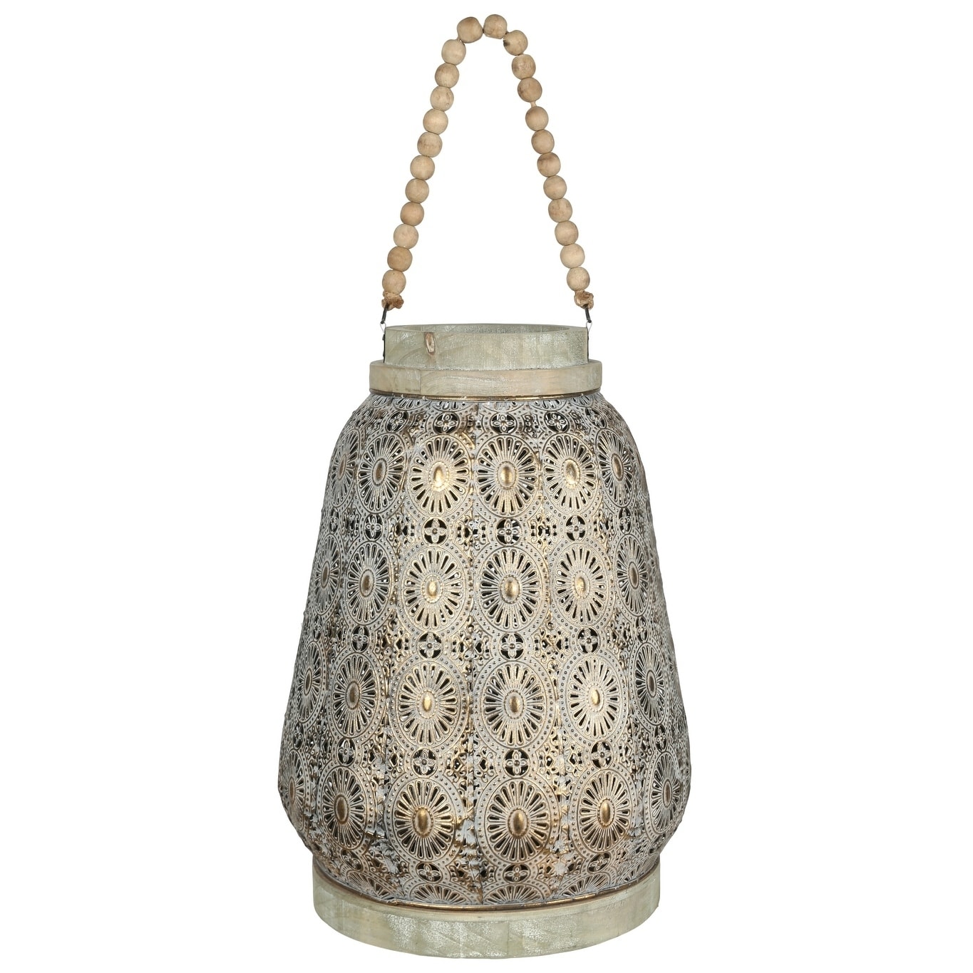 Urban Trends Collection Metal Round Lantern with Wooden Rim Top and Base  Beads Handle and Circle Cutout Pattern Design Body LG Antique Finish Gold