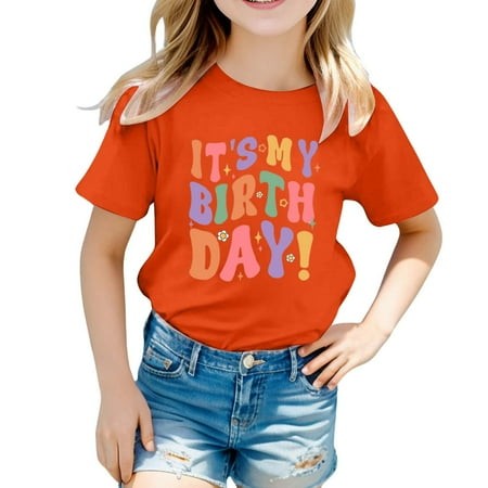 Girls Tees Shirts for Birthday Girl Themed Printed Party for Toddlers T Shirt Cozy Casual Tees Tops Orange 110(3-4 Years)