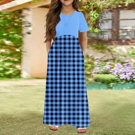 Fonma Girls Maxi Dress Kids Buffalo Check Plaid Short Sleeve Casual Dresses with Pockets for Girls 6-14 Years Blue