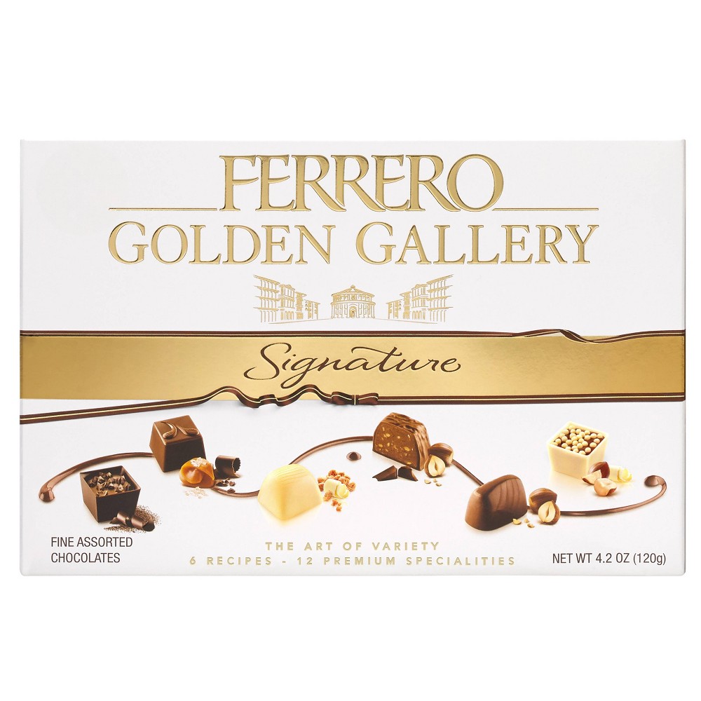 GOLDEN GALLERY FINE ASSORTED CHOCOLATES, ASSORTED, DARK OPERA, BIANCORETTI, CARAMEL LEONARDO, WHITE OPERA, GIANDUJOT FERRERO, HAZELNUT DUO