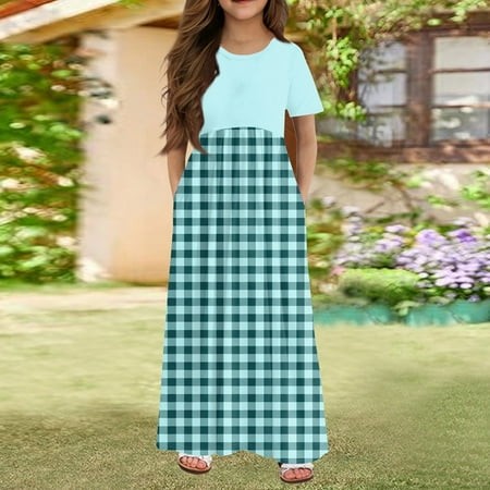 Fonma Girls Maxi Dress Kids Buffalo Check Plaid Short Sleeve Casual Dresses with Pockets for Girls 6-14 Years Light Blue