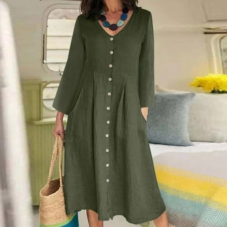 Ganfancp Floral Dress for Women Sheath V-Neck Long Sleeve Plus Size Dresses Womens Summer Dresses Loose Fit Cotton Casual Solid for Beach Army Green X