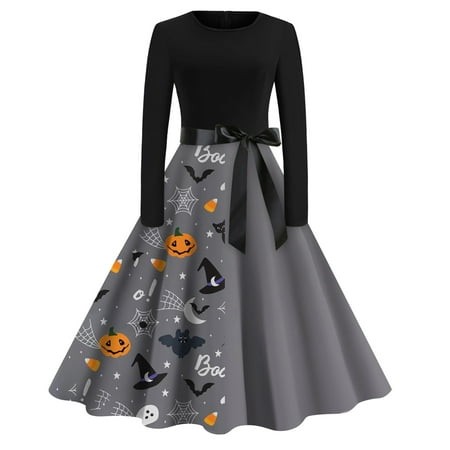 Pwidon Halloween Dresses for Women Long Sleeve 1950s Retro Dress Hepburn Style Pumpkin Print Cocktail Swing Dress Crew Neck Plus Size Prom Dresses Cos