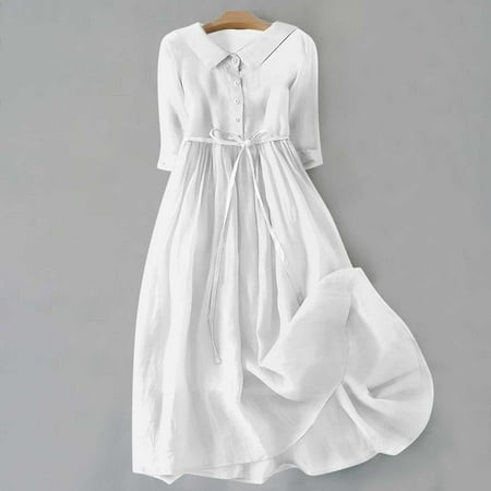 Ganfancp Summer Dress Wrap Crew Neck 3/4 Sleeve Fit and Flare Dresses Sun Dress Slim Fit Cotton Stylish Solid for Beach White L Clearance Items