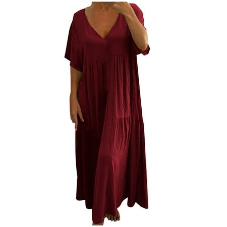 Floral Dress for Women a-Line V-Neck Short Sleeve Beach Dresses Womens Summer Dresses Slim Fit Cotton Comfy Solid for Beach Red M