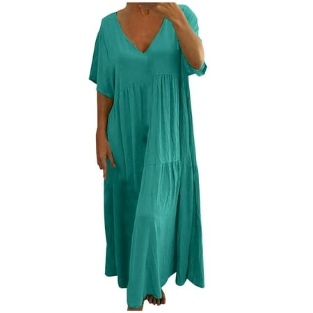 Sundress Evening Gown V-Neck Short Sleeve Boho Dresses Plus Size Summer Dresses Slim Fit Cotton Trendy Solid for Beach Light Blue M