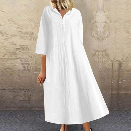 MIDI Dresses for Women Fit & Flare V-Neck Short Sleeve Beach Dresses Wrap Dress Loose Fit Cotton Active Solid for Traveling White L