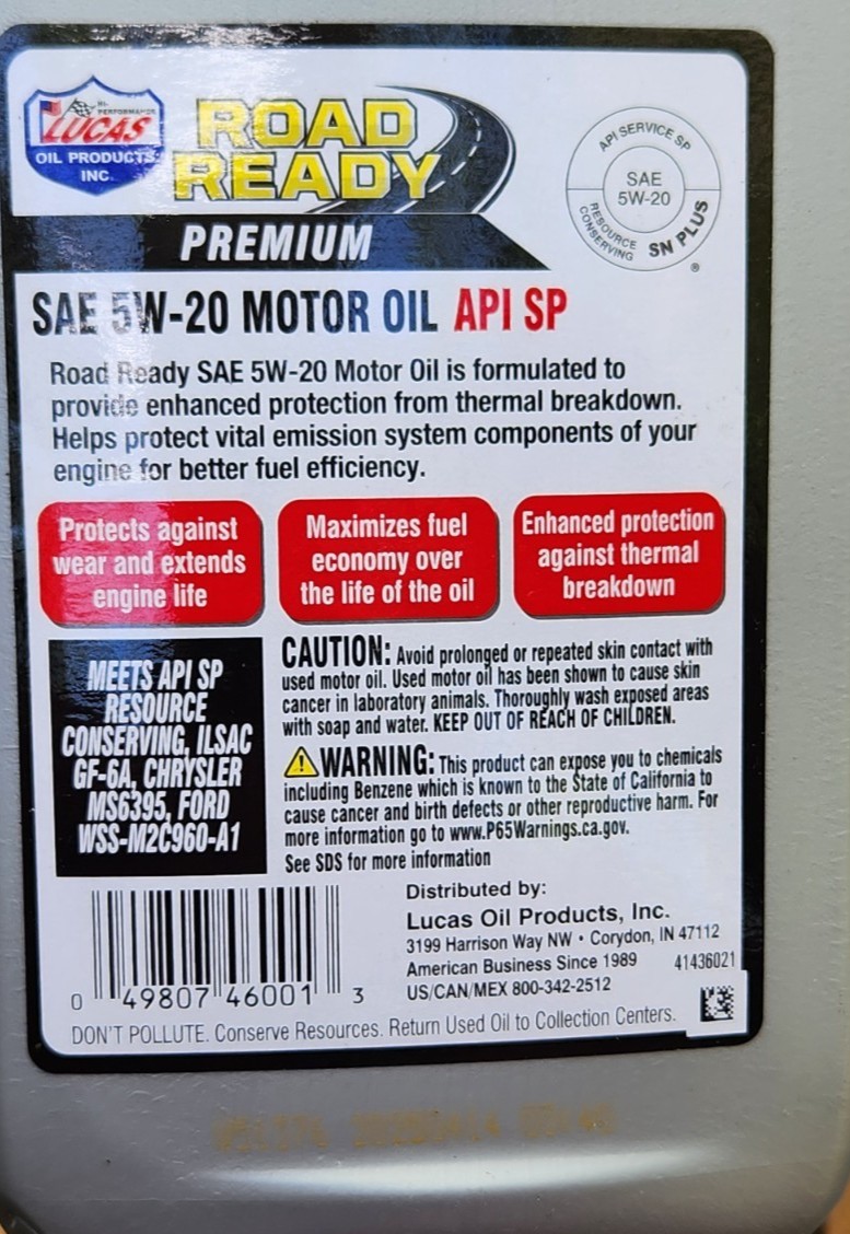 (6 Pack) Lucas Oil Road Ready  SAE 5W-20 Motor Oil API SP  1 Quart thumbnail