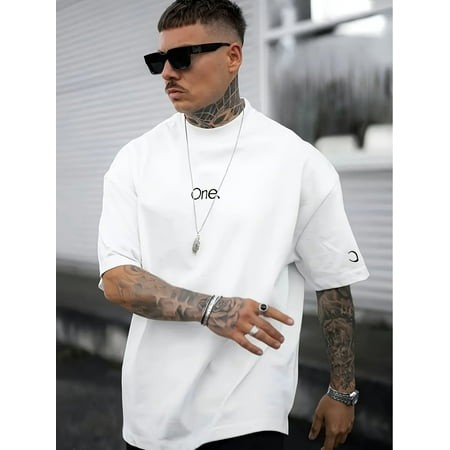 Heavyweight Cotton T-shirts Men S Casual White T-Shirt -  ONE  Graphic Print  Polyester  Crew Neck  Short Sleeve  Machine Washable  Ideal for Summer L