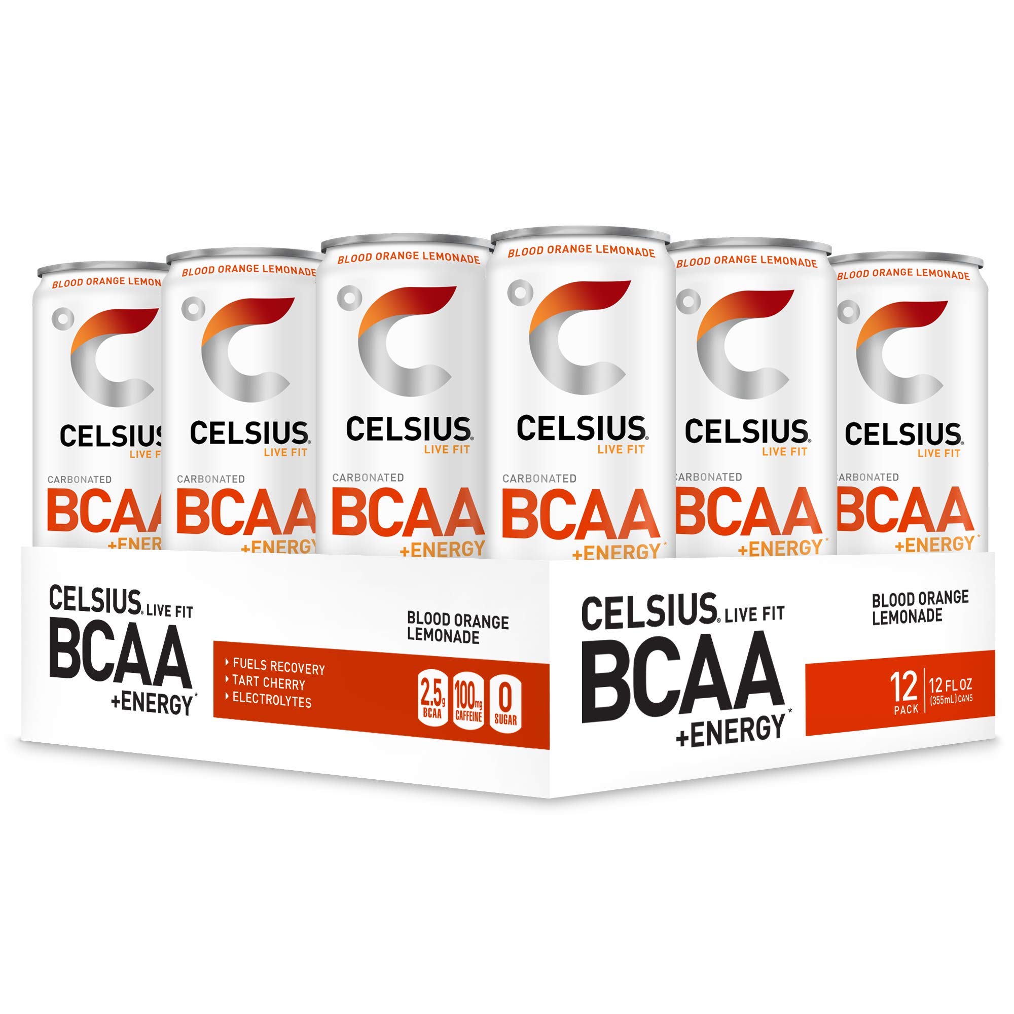 CELSIUS BCAA +Energy Post-Workout Recovery & Hydration Drink 12 Fl Oz  Blood Orange Lemonade (Pack of 12)