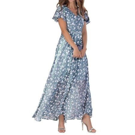 MNCEKFOD Summer Dresses for Women 2312 Boho Swing Maxi Dress Flowy Chiffon Ruffle Floral Printed Short Sleeve V Neck Classic Fit Dress Blue XL