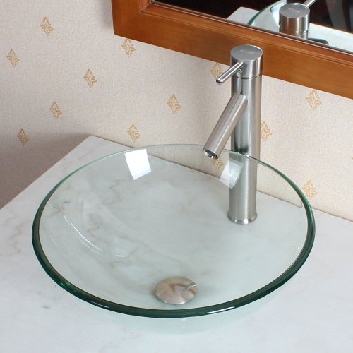Elite Bathroom Clear Round Glass Vessel Sink & Brushed Nickel Single Lever Faucet Combo & Nickel Pop up Drain Mounting Ring thumbnail